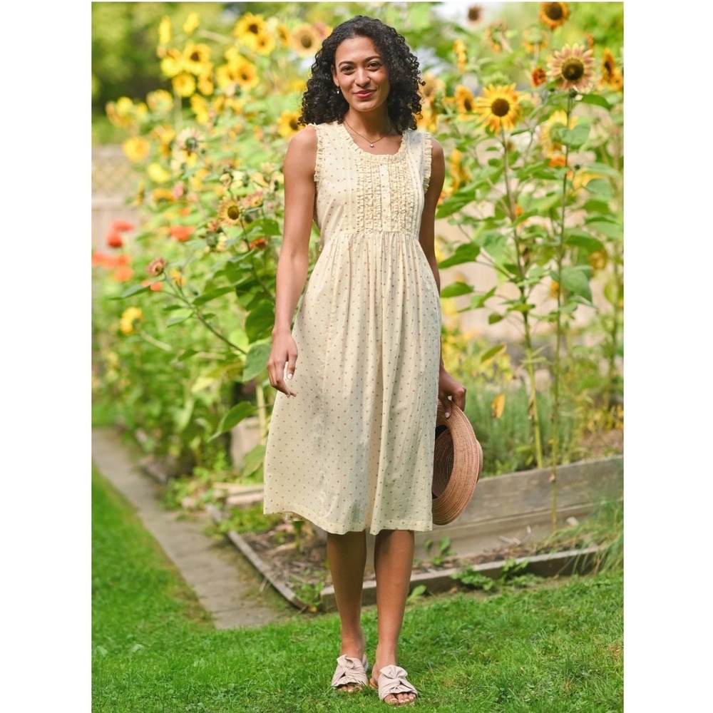 April Cornell Candy Dot Porch Dress Ruffle Button Front Cream Ecru Large NEW